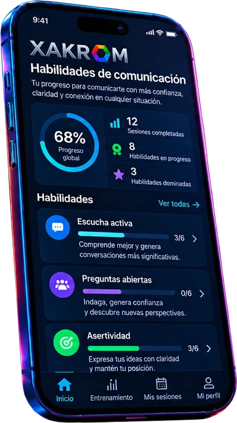 La aplicación de Xakrom en un móvil, en la pantalla de tus habilidades de comunicación: tu progreso global y lo que llevas practicado en escucha activa, preguntas abiertas y asertividad.